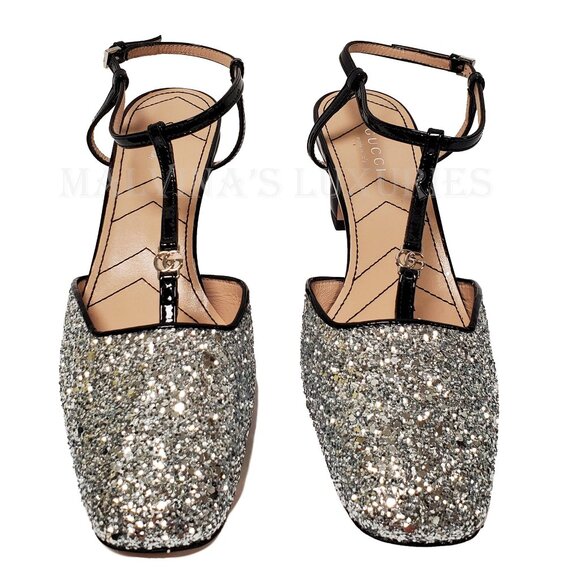 GUCCI SHOES T-STRAP SILVER GLITTER SLINGBACK PUMPS w DOUBLE G LOGO sz 37.5 7.5 - Picture 10 of 14